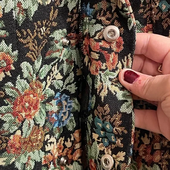 🏷️ BNWT Nova Men Tapestry Trucker Jacket Black Floral Brocade Snap Buttons Sz L - Picture 6 of 12